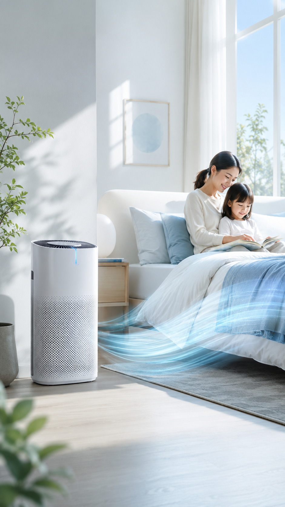 Bilik tidur tenang dengan air purifier untuk konsep landing page agent Coway