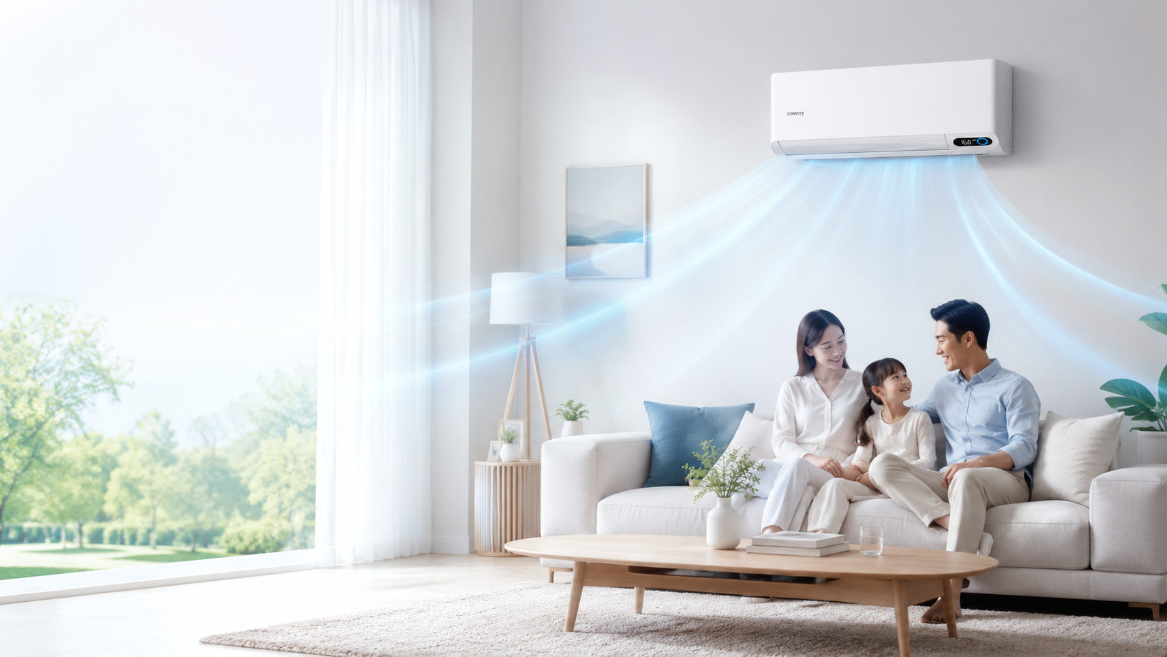 Ruang keluarga moden dengan air conditioner untuk konsep landing page agent Coway