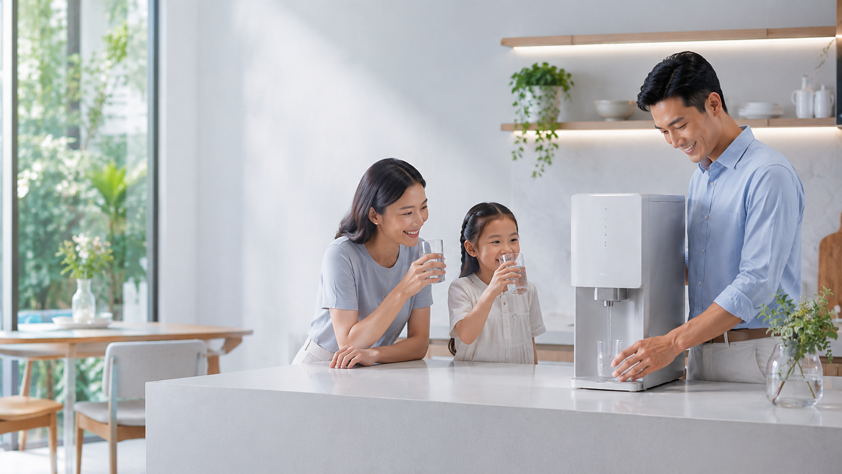 Keluarga menikmati air di dapur moden sebagai visual konsep landing page agent Coway