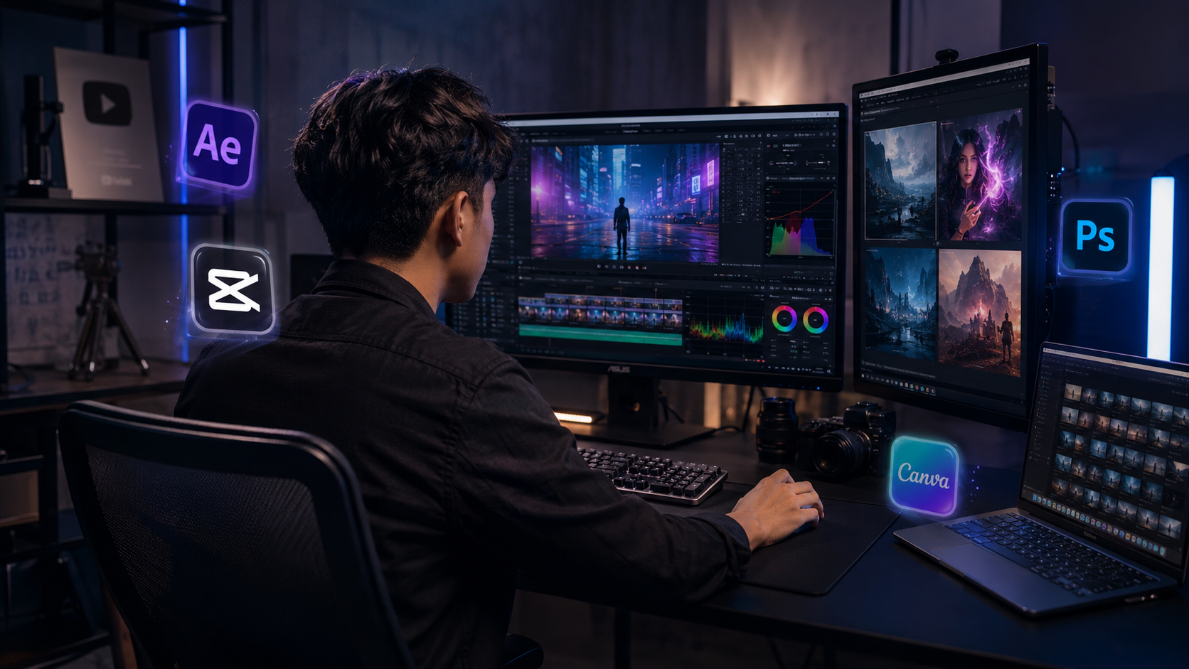 Ruang editing dengan tools kreatif dan AI