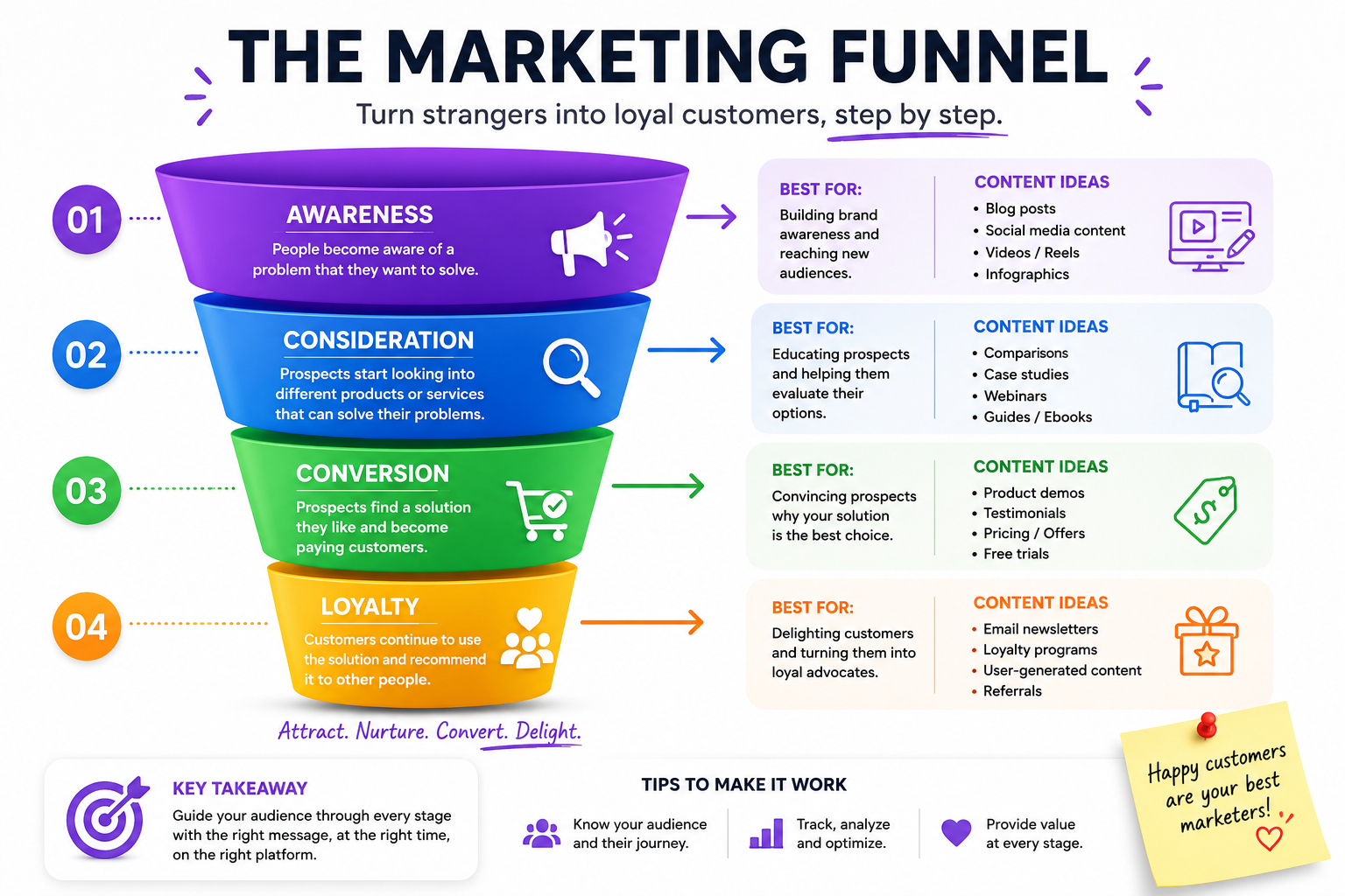 Mind-map style marketing system showing content, audience, leads, conversions, and retention.