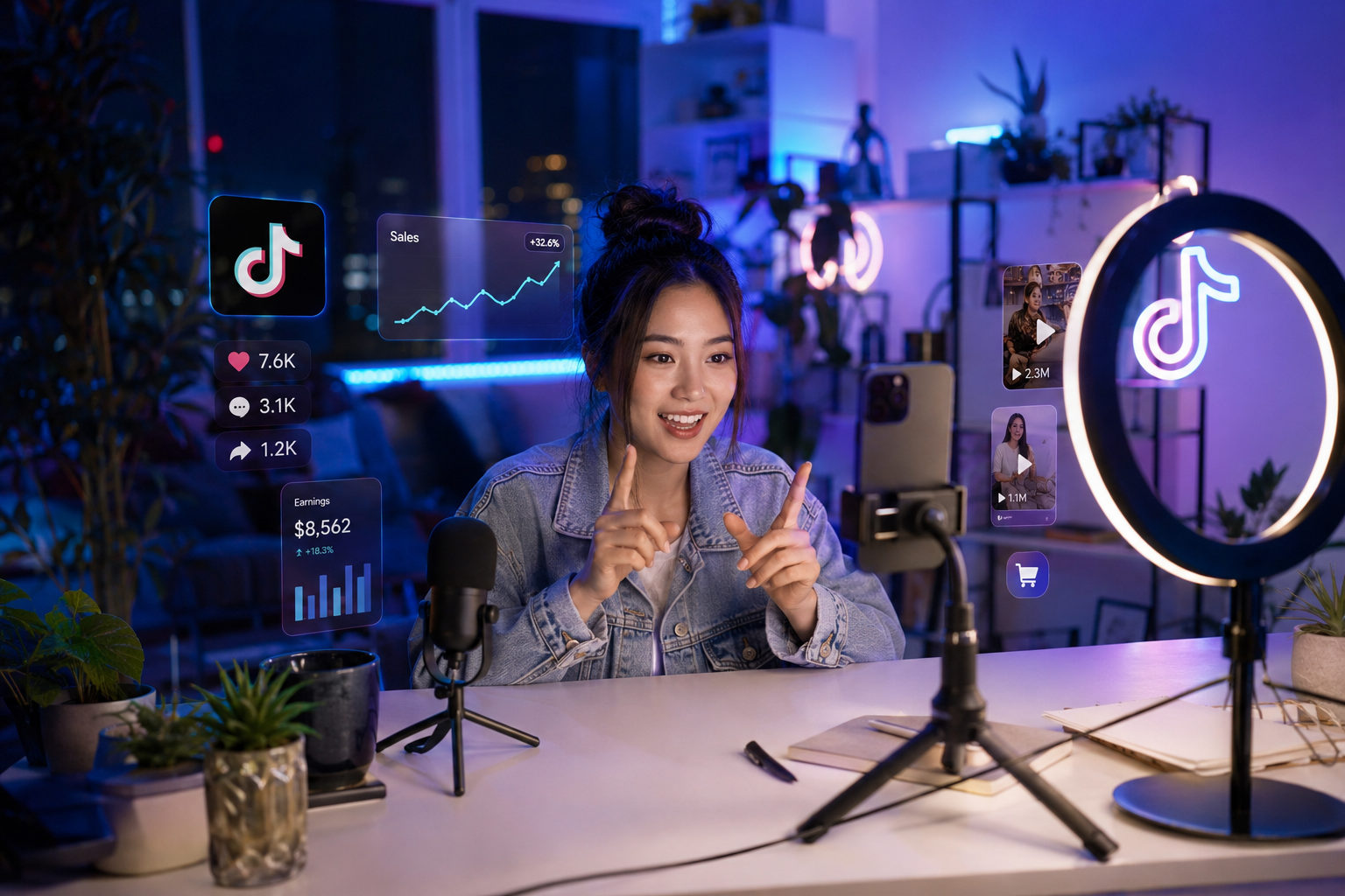 Creator studio desk with digital marketing analytics overlays.