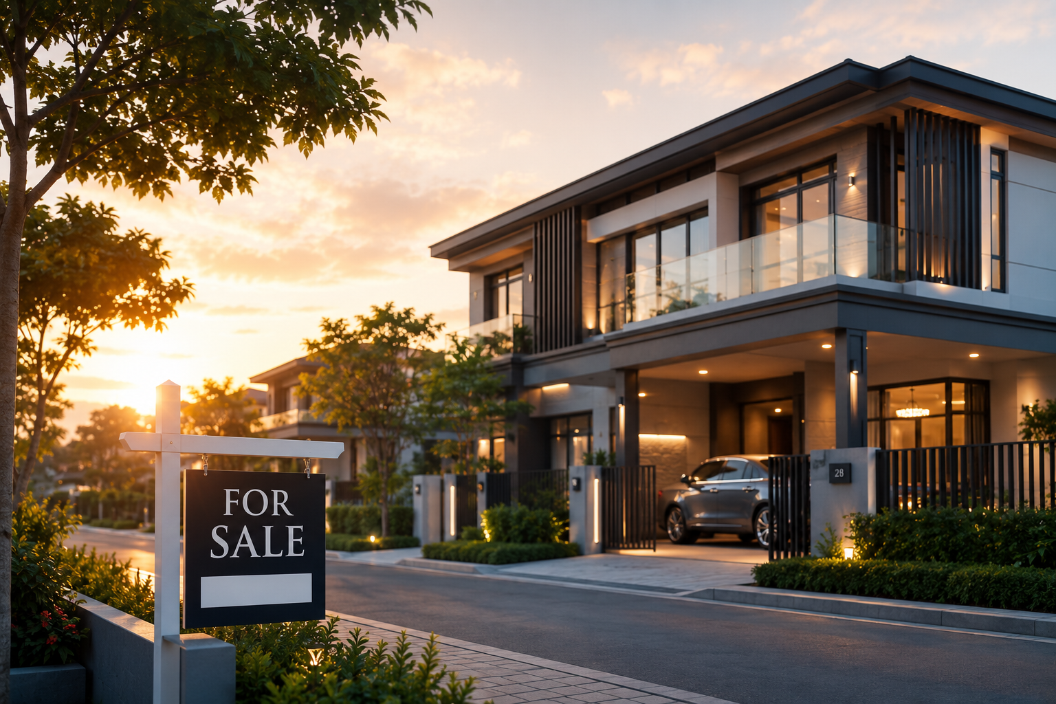 Rumah landed moden pada waktu golden hour