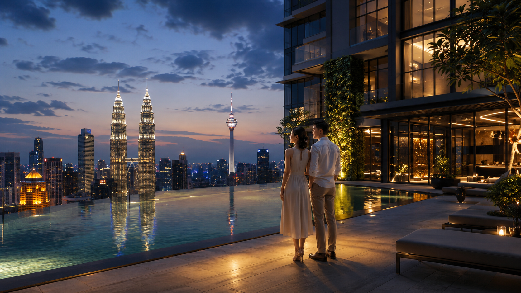 Gaya hidup kondominium rooftop mewah dengan pemandangan bandar sinematik