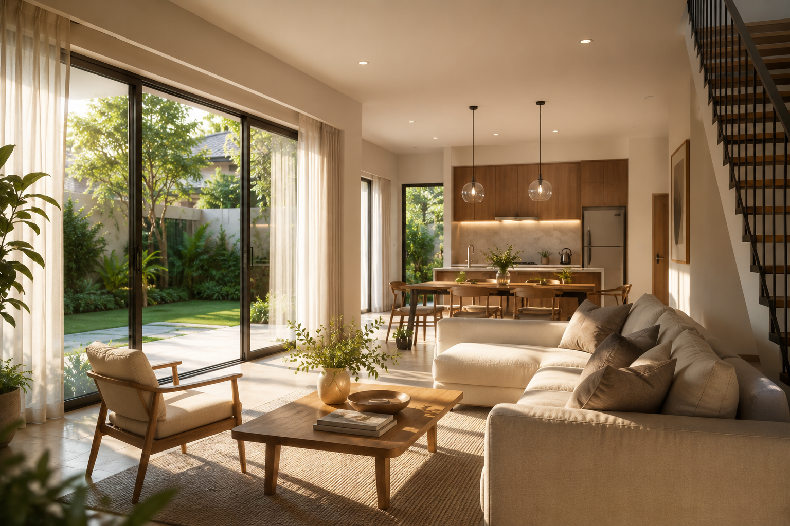 Ruang tamu dan dapur open-plan yang cerah dengan pemandangan taman
