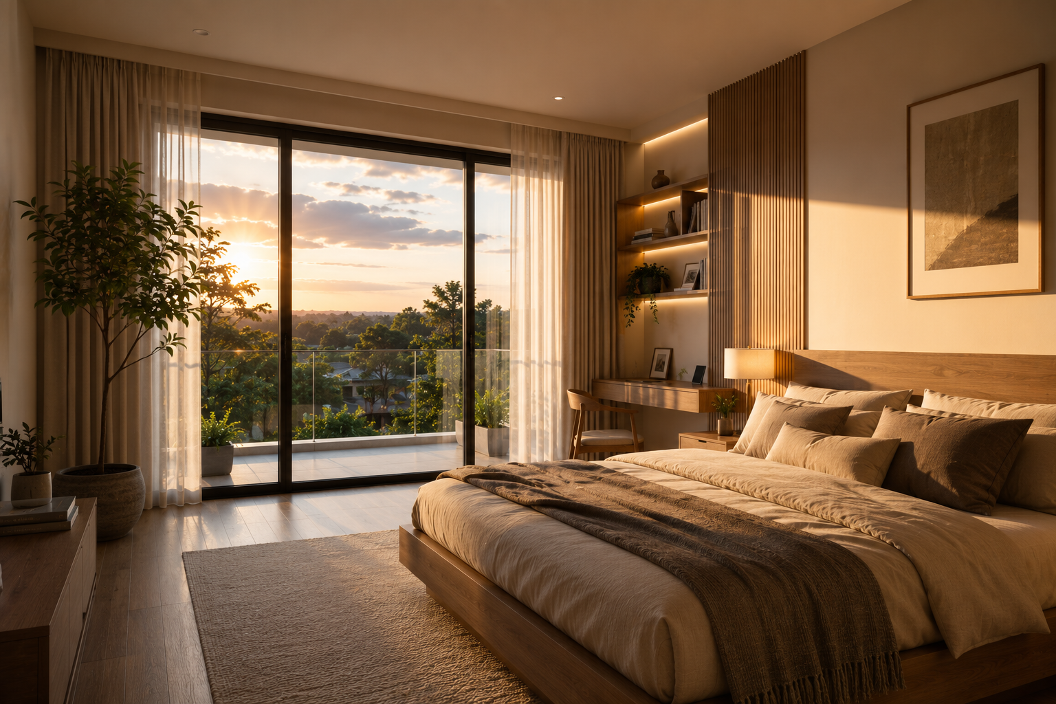 Bilik tidur utama moden dan hangat dengan balkoni pada cahaya golden hour