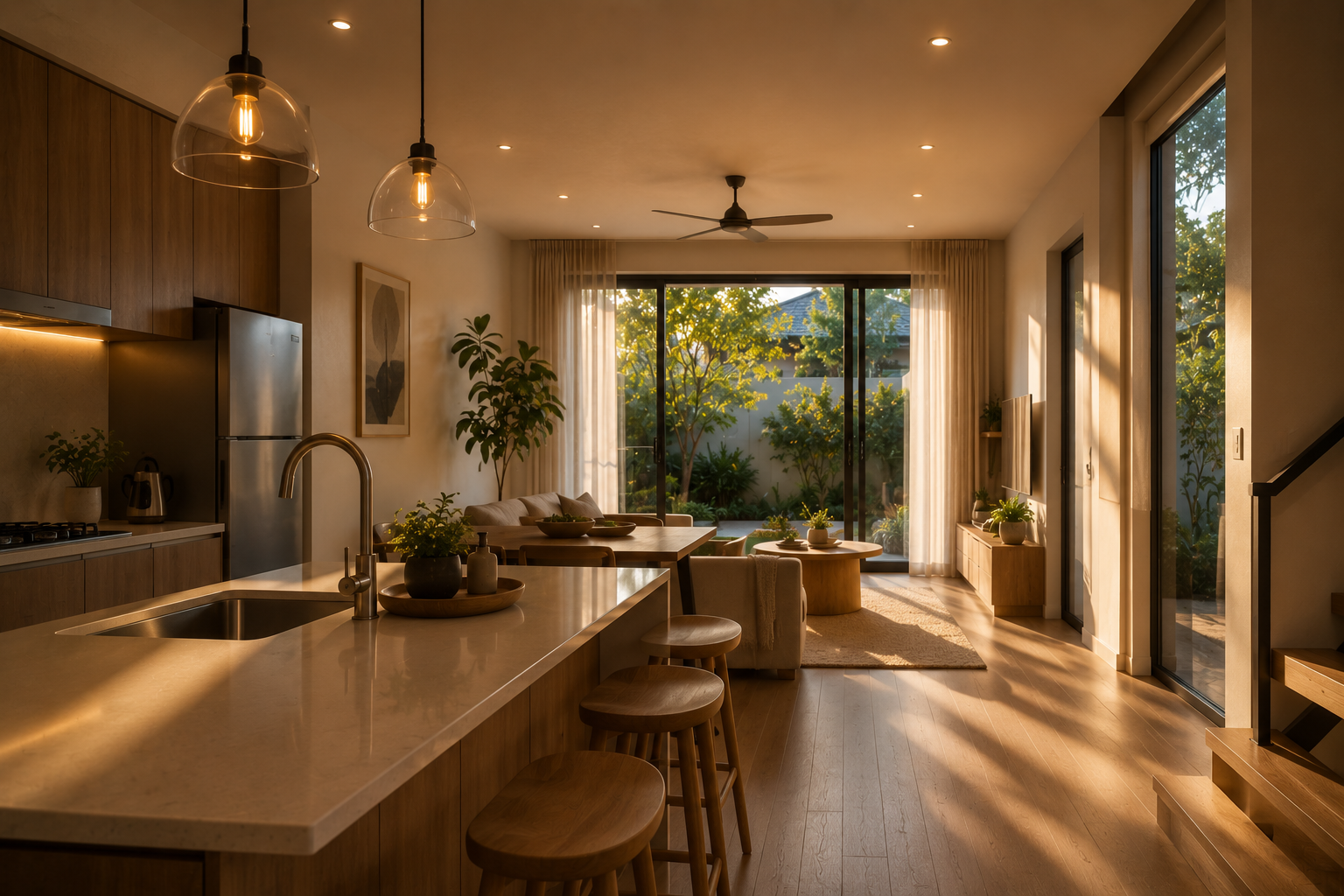 Dapur dan ruang tamu open-plan dengan cahaya hangat