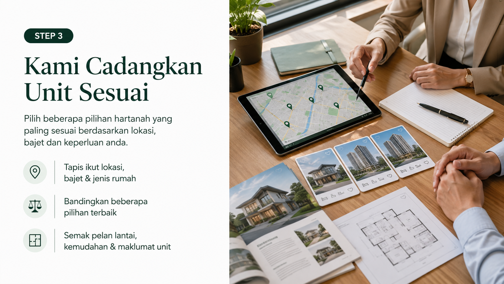 Terima cadangan unit hartanah dengan peta dan senarai pendek