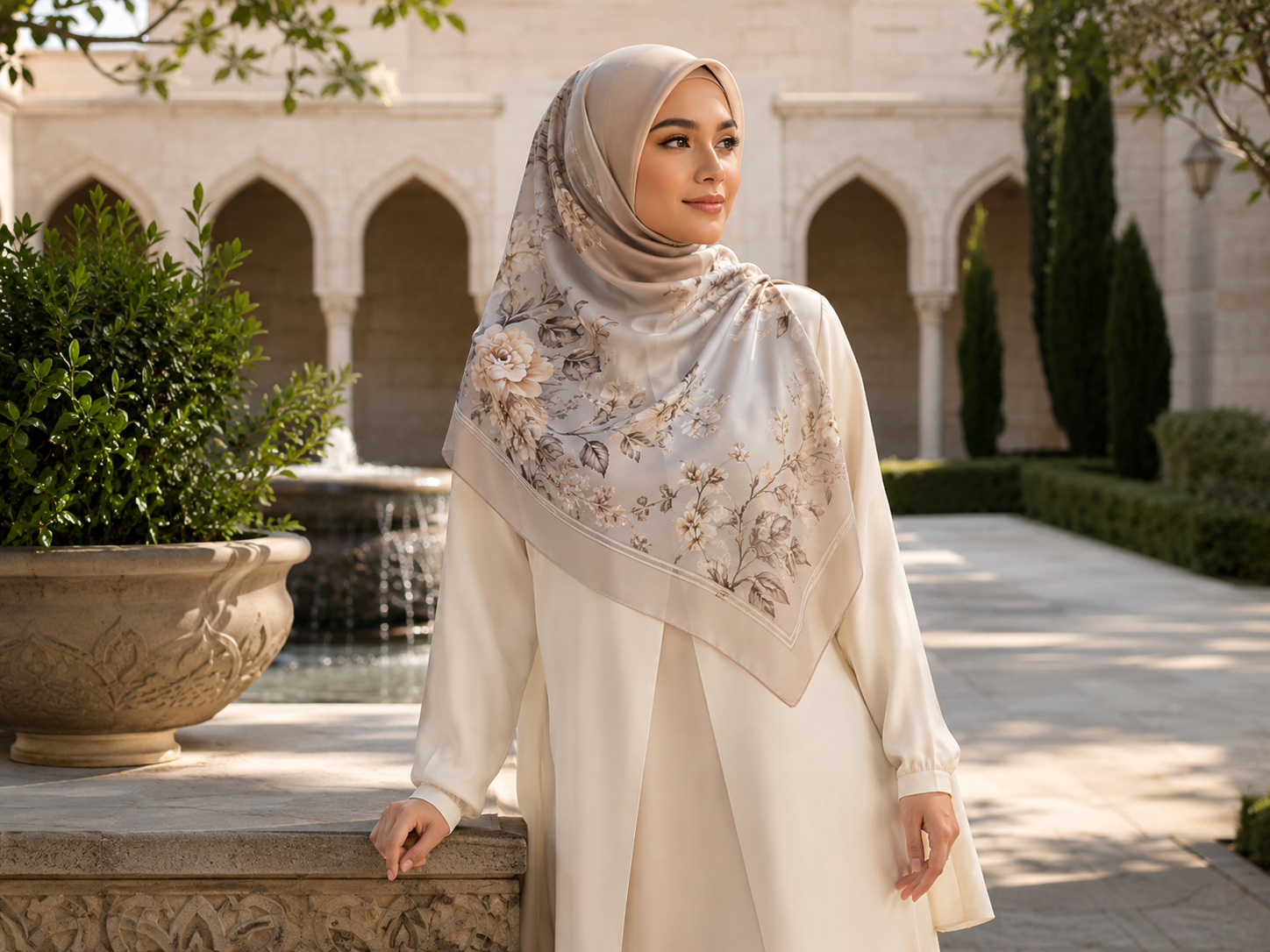 Tudung bawal floral dalam suasana courtyard yang lembut
