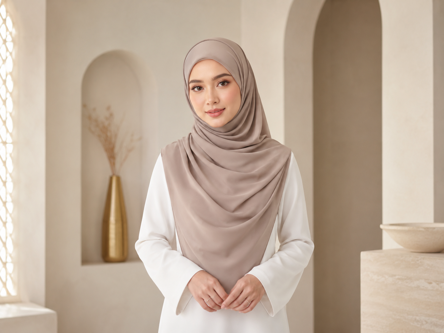 Shawl soft taupe pandangan depan