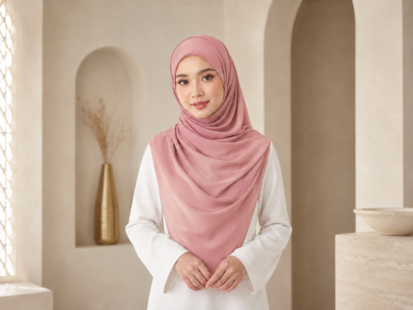 Shawl dusty pink pandangan depan