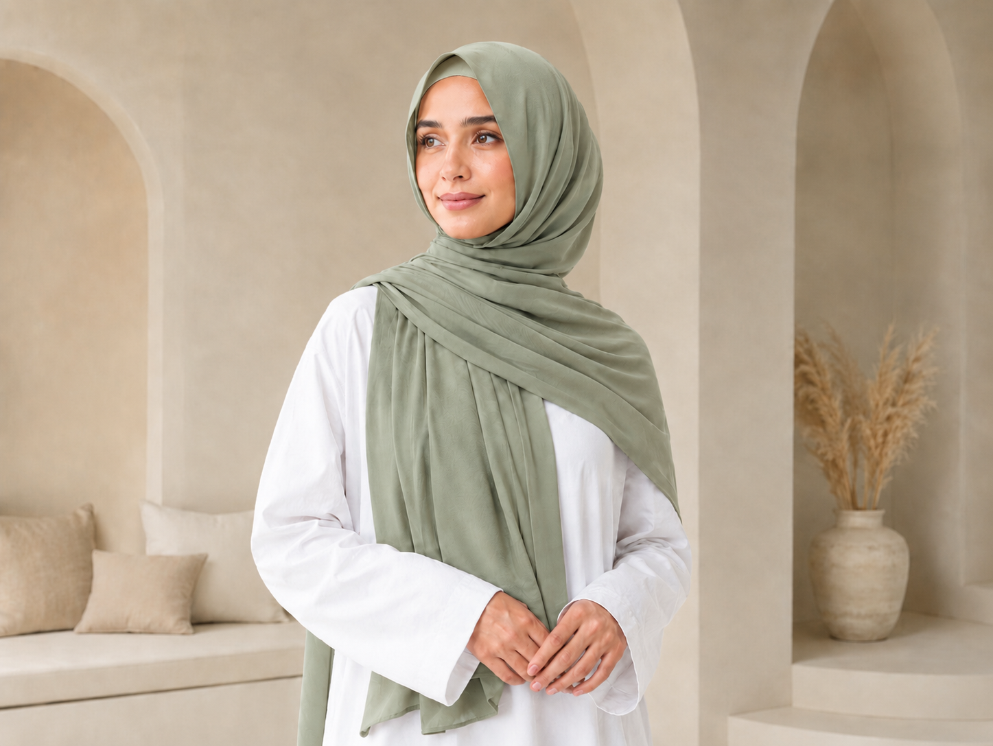 Shawl soft olive pandangan depan