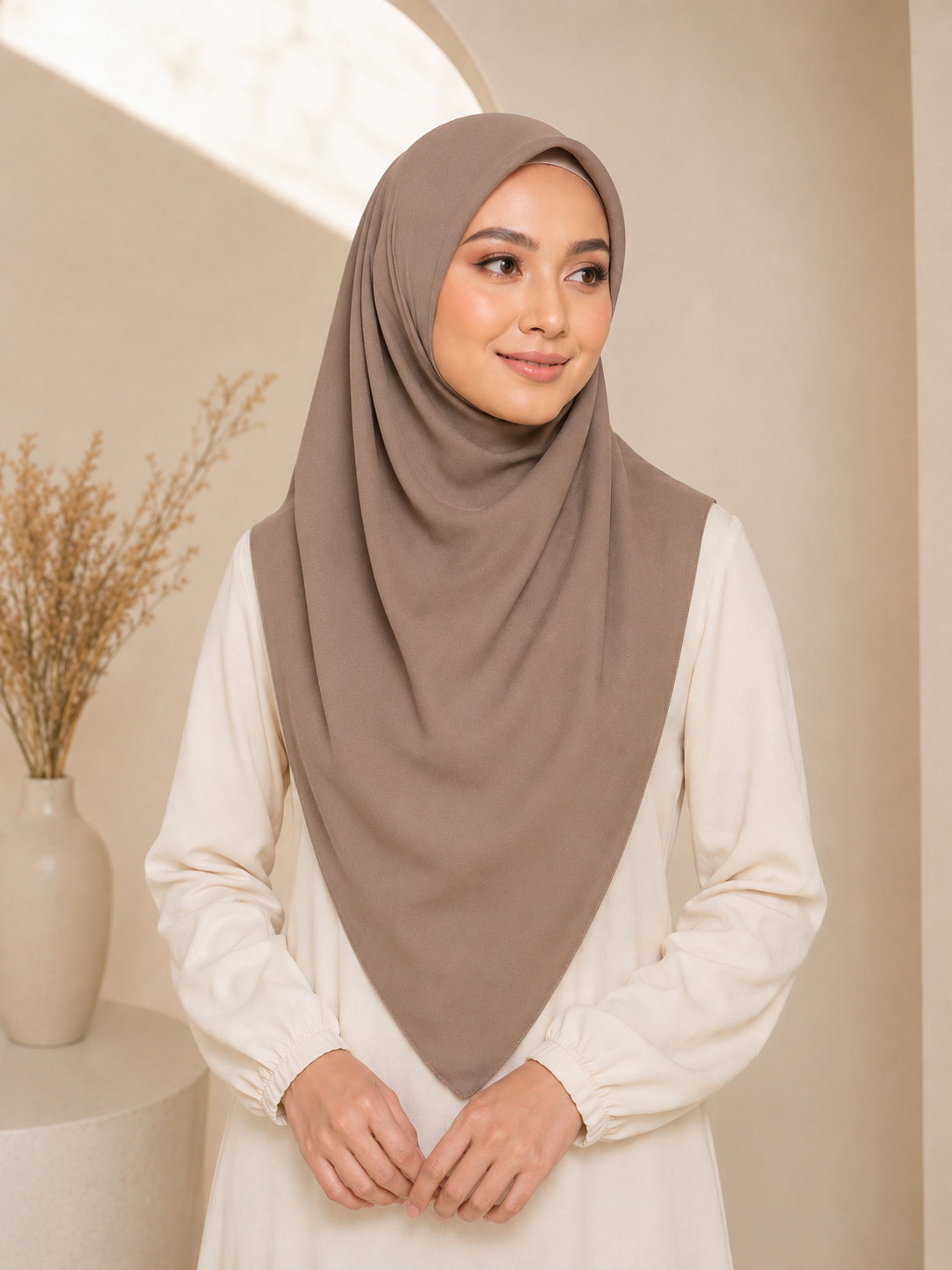Tudung sarung taupe close up