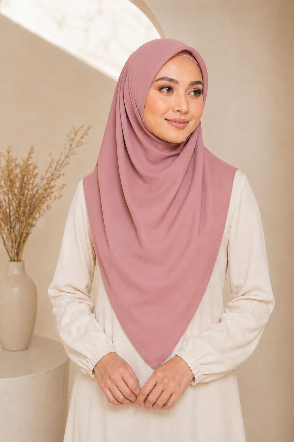 Tudung sarung dusty pink close up