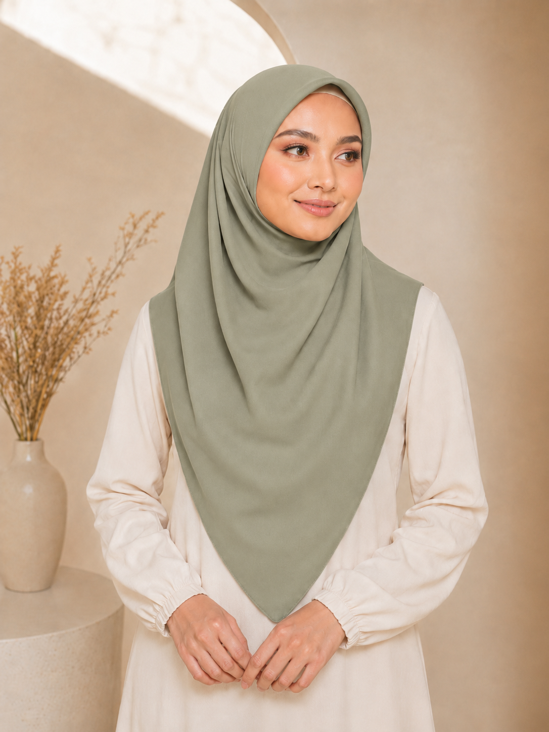 Tudung sarung soft olive close up