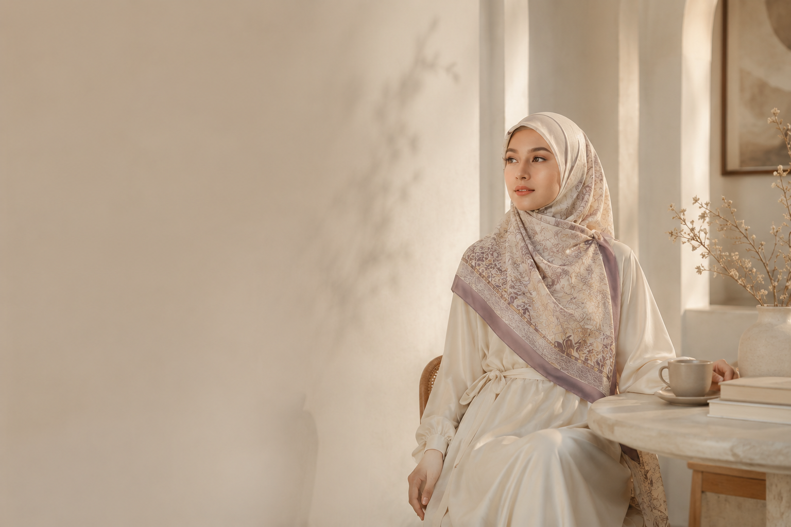 Model memakai tudung bawal dalam ruang hangat dengan cahaya lembut