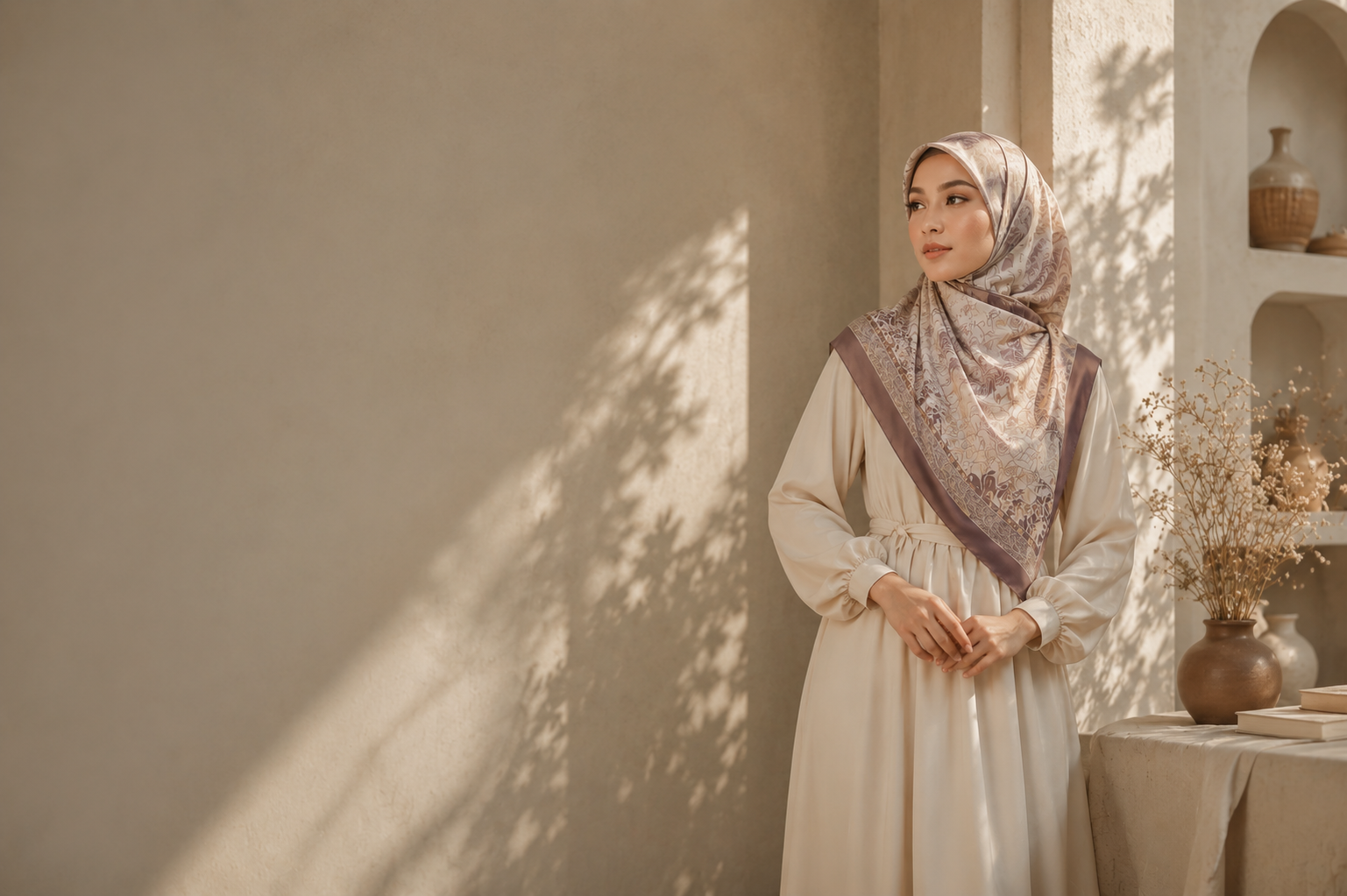 Tudung bawal dengan bayang tumbuhan pada dinding hangat