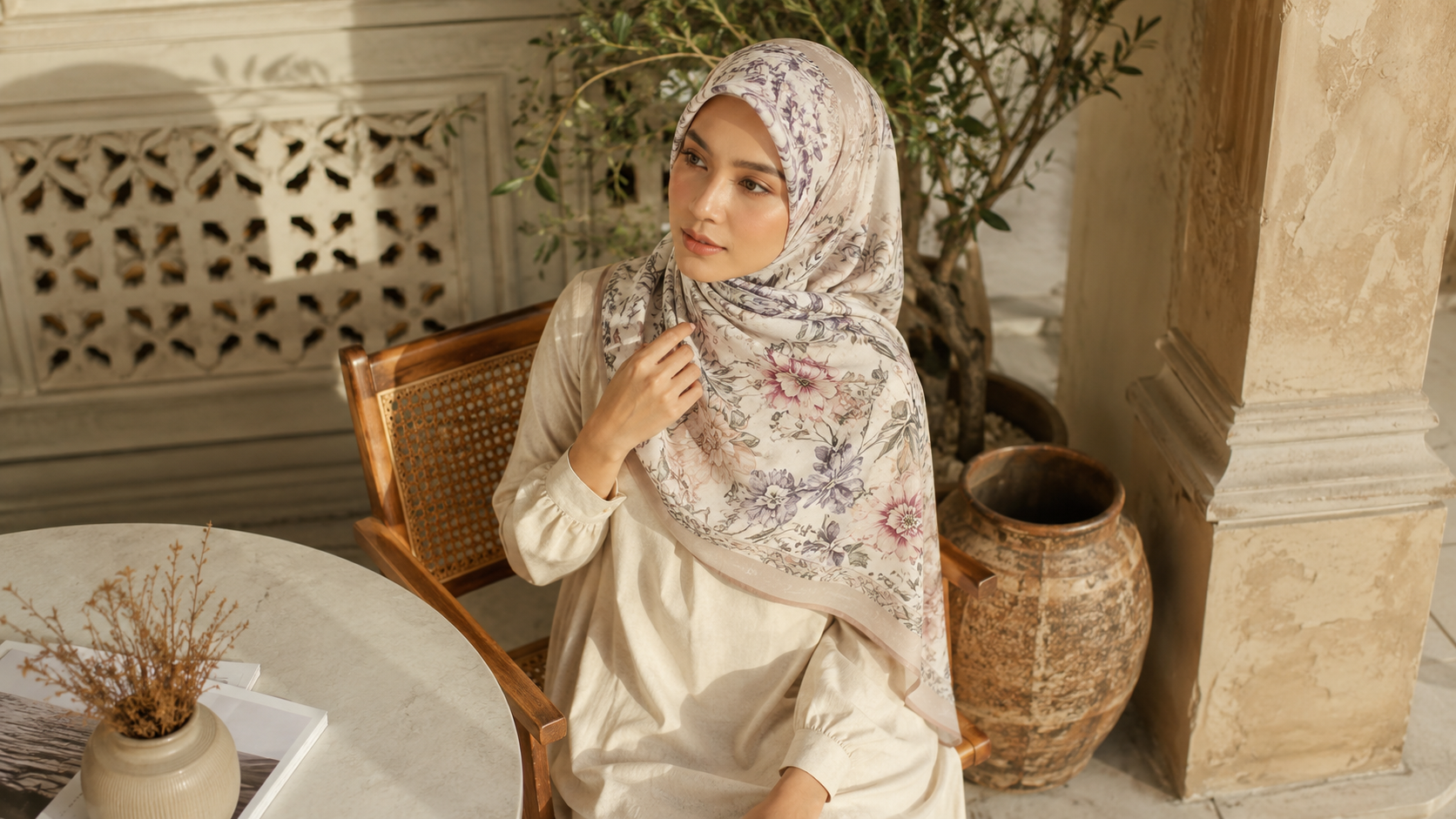 Adegan meja dengan tudung bawal dari sudut tinggi