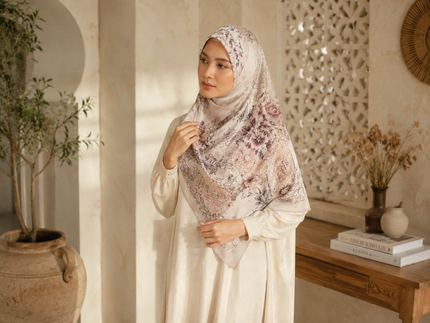 Tudung sarung dalam studio interior berinspirasikan Mediterranean