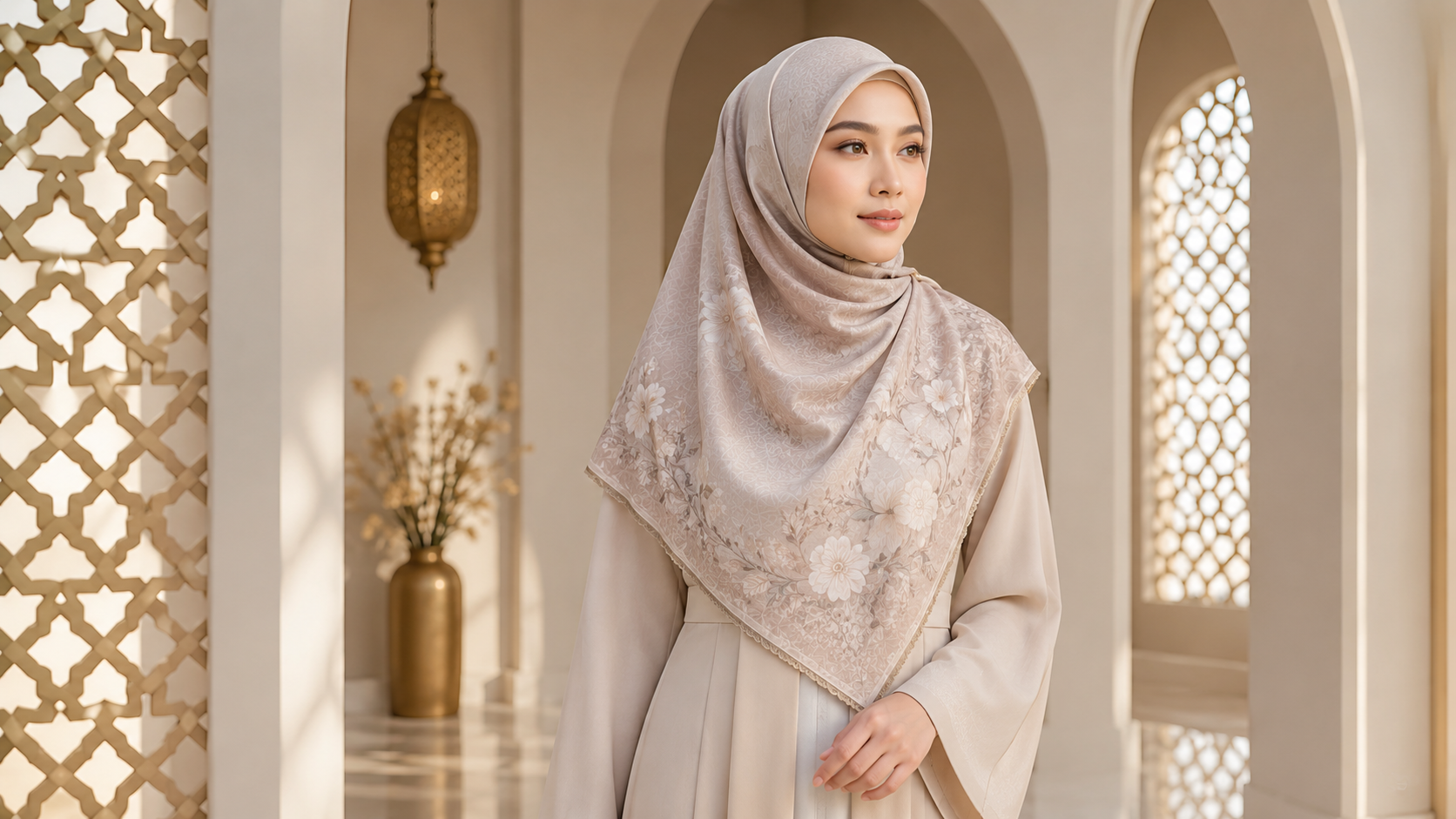 Potret tudung bawal dalam latar arch hangat