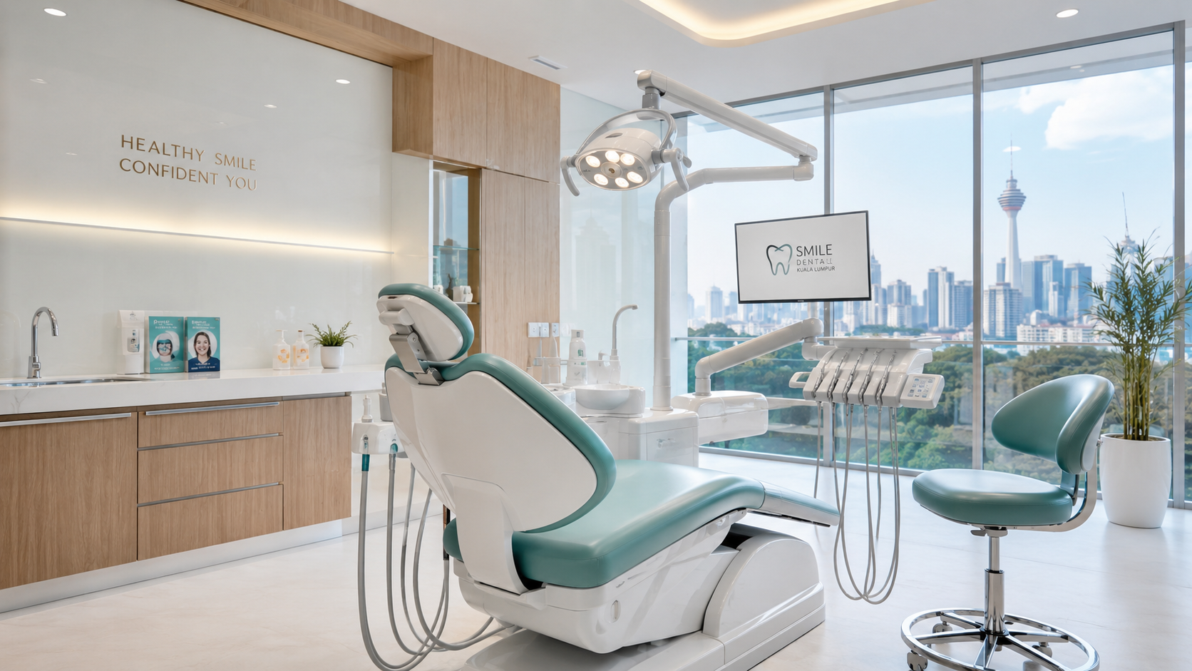 Premium dental chair room with modern equipment and city view