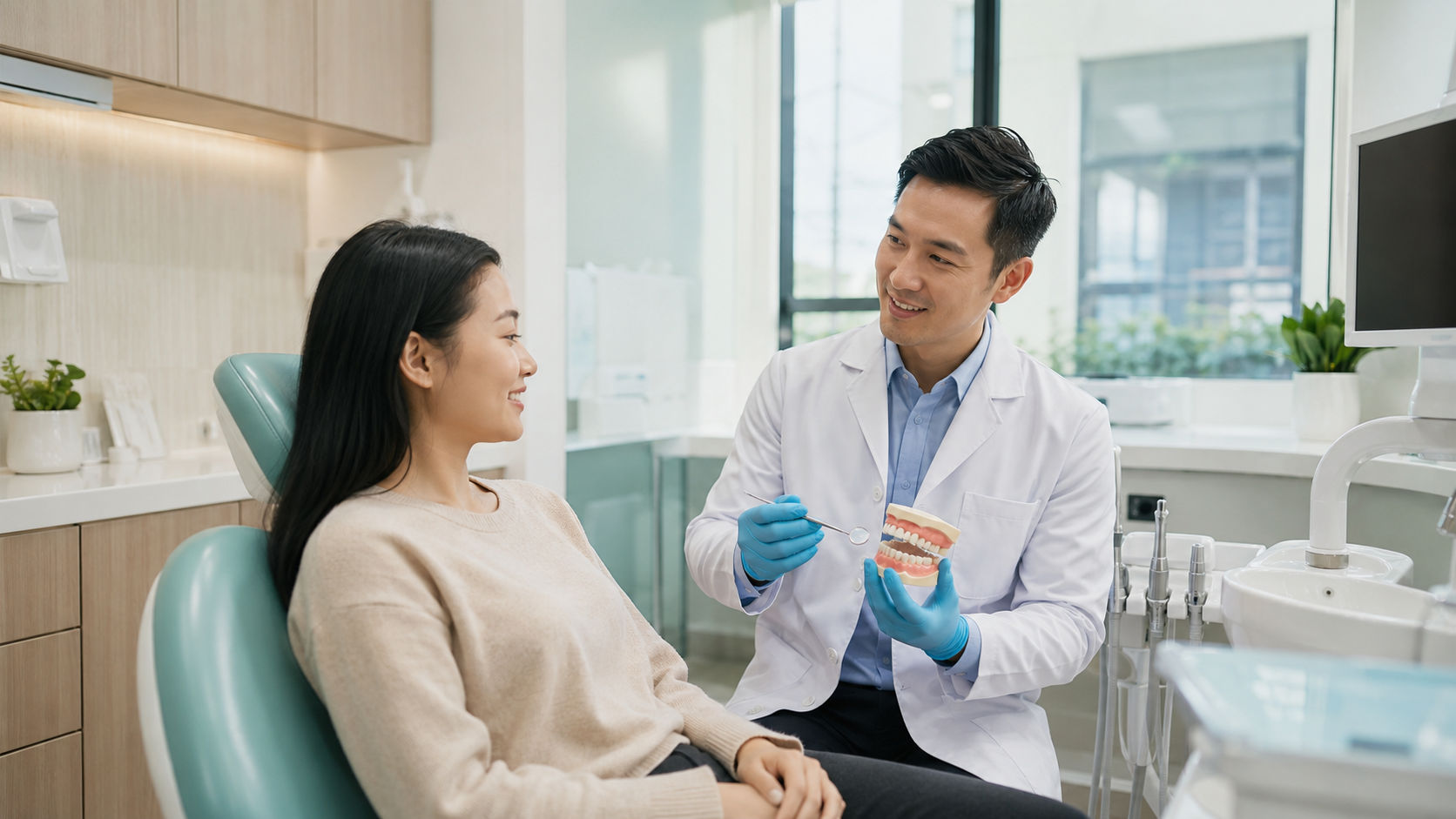 Friendly dentist explaining a dental model to a patient