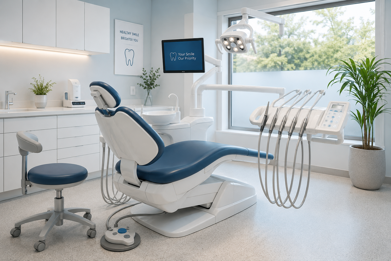 Clean modern dental room with blue accents and modern equipment