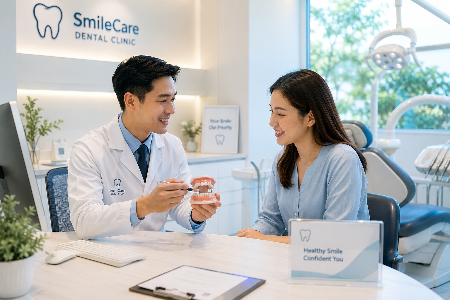 Dentist and patient discussing a teeth model in a bright clinic