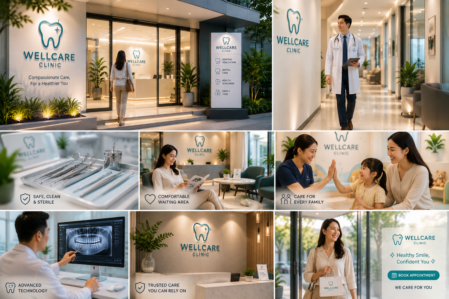 Wellcare marketing collage overview with multiple clinic scenes