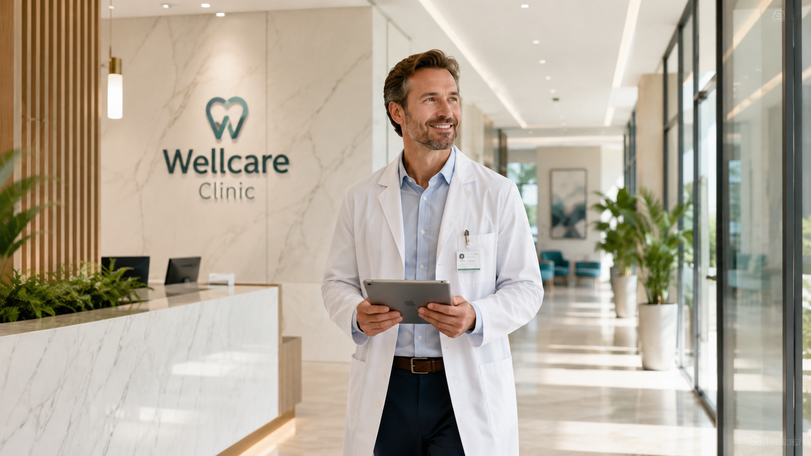 Doctor at Wellcare reception holding a tablet