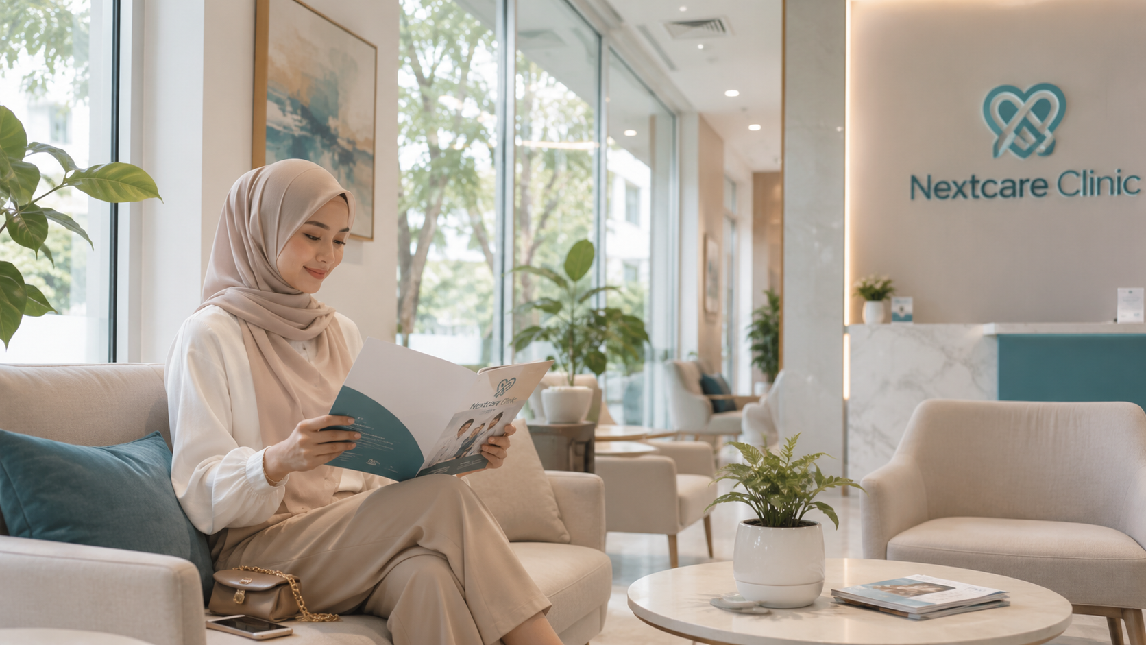Patient reading brochure in a calm Nextcare waiting area