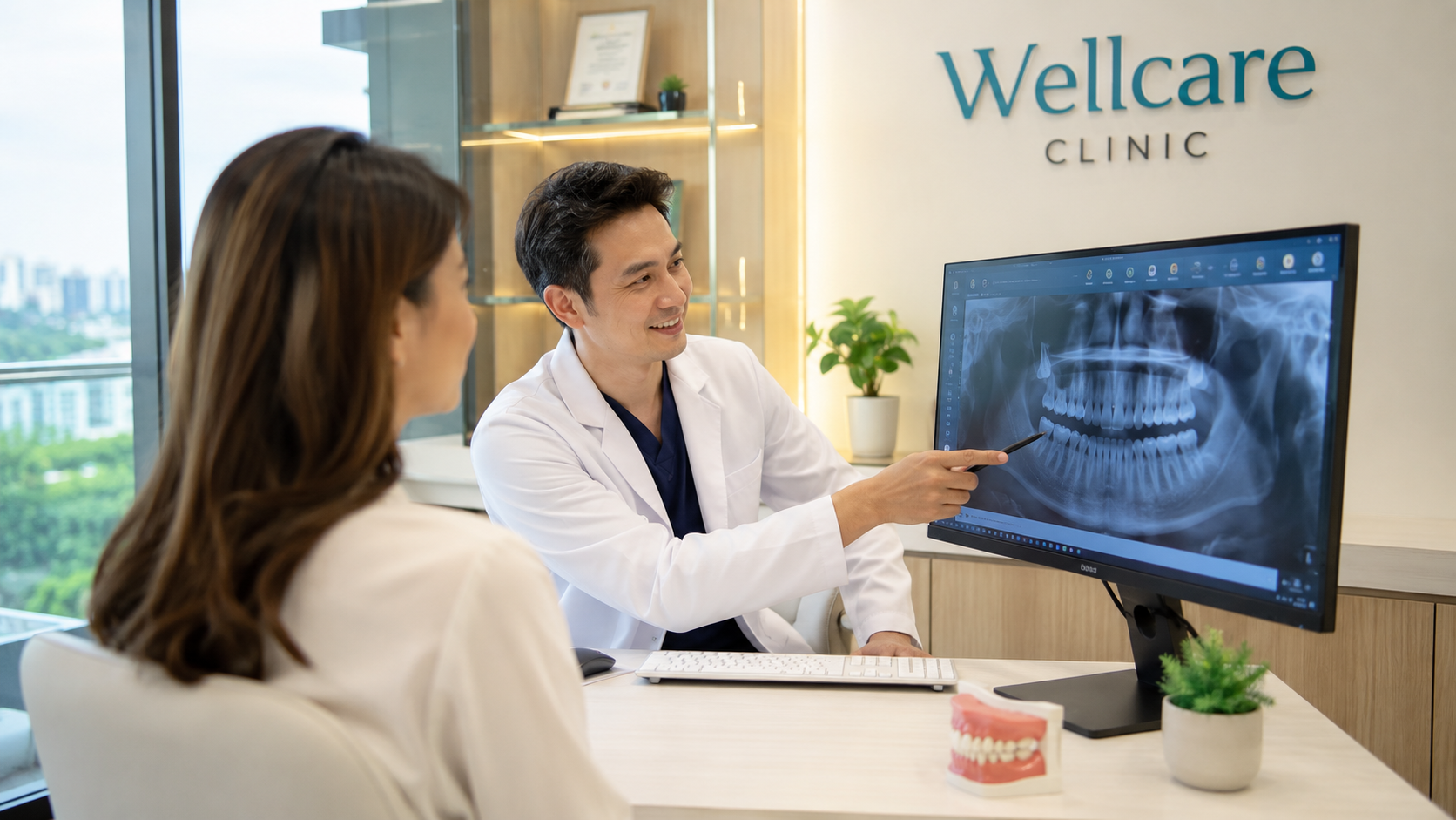 Doctor explaining a dental scan on a large monitor