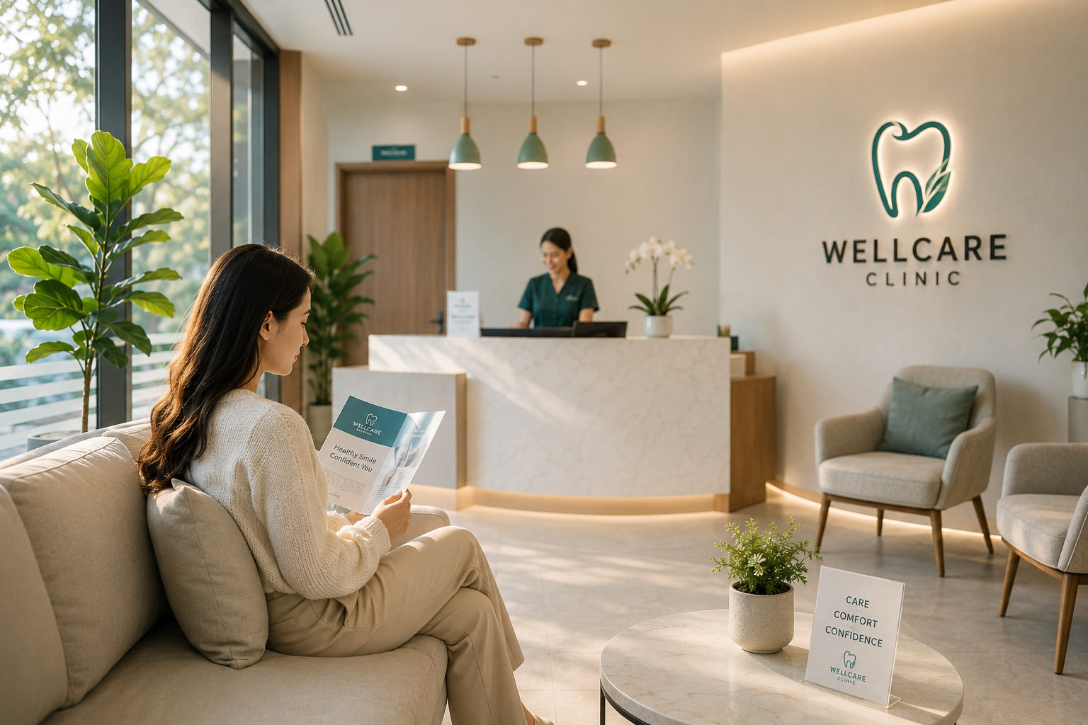Patient waiting calmly in a premium Wellcare waiting area