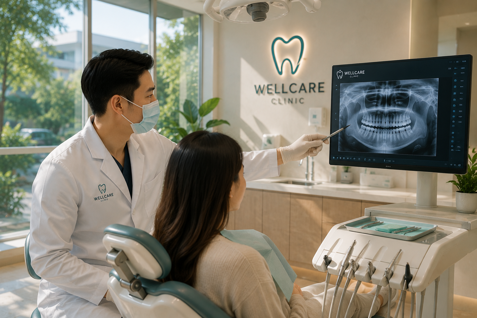 Dentist reviewing dental X-ray with patient in treatment room