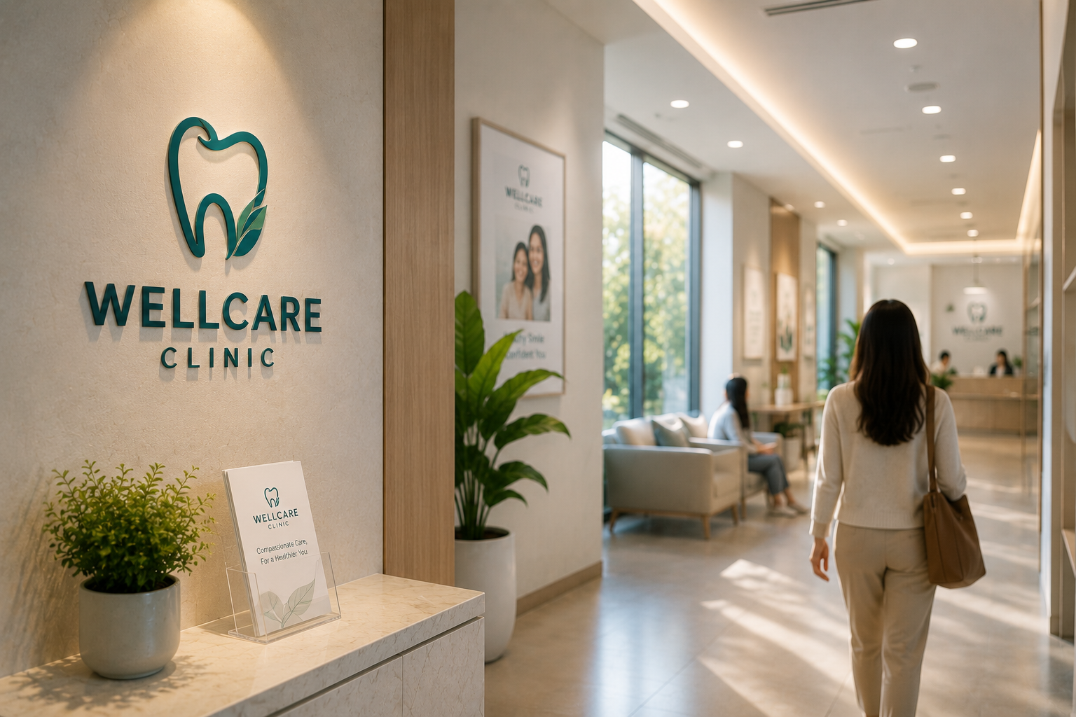 Wellcare clinic corridor and signage detail with natural light