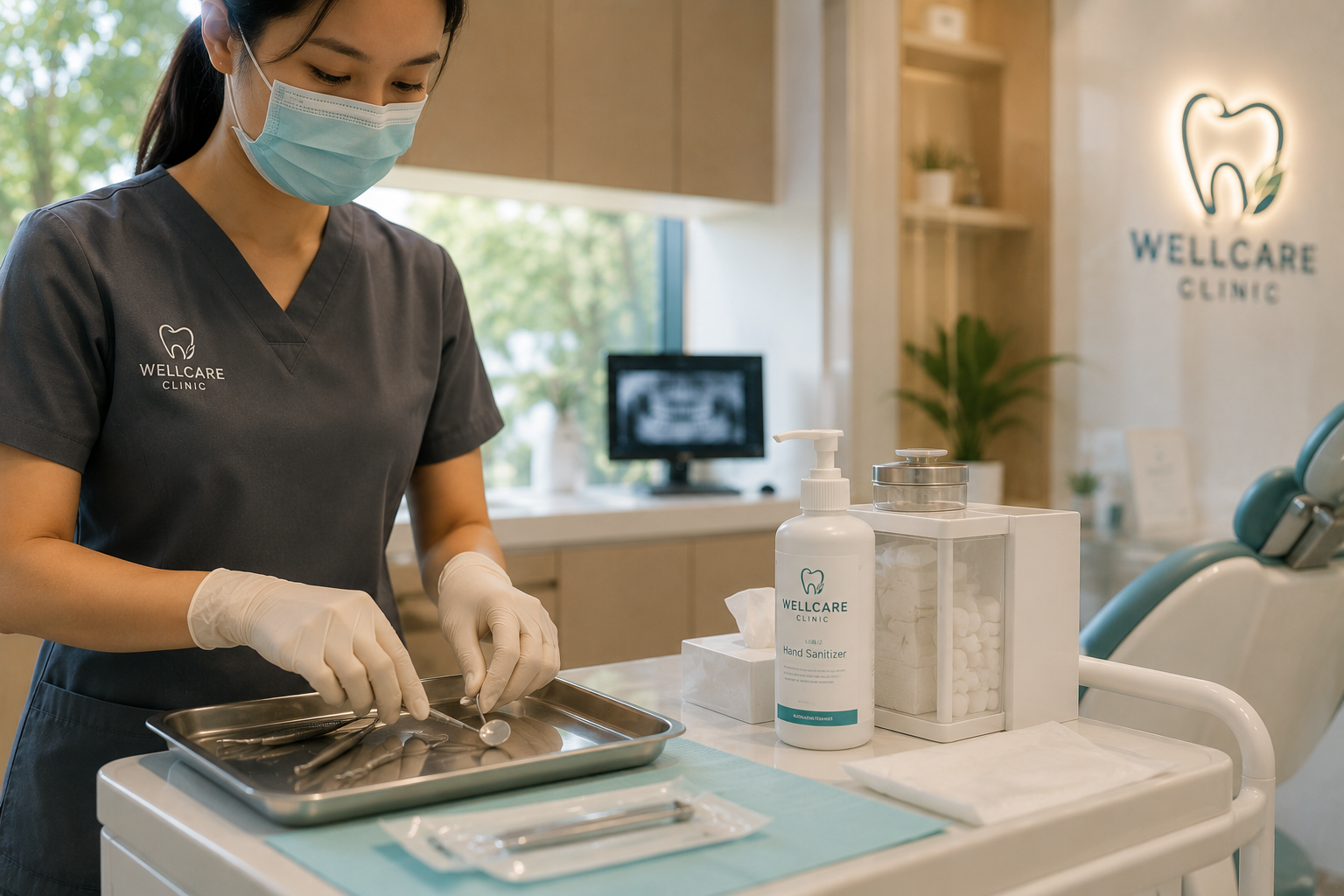 Nurse preparing a clean treatment room with hygienic tools