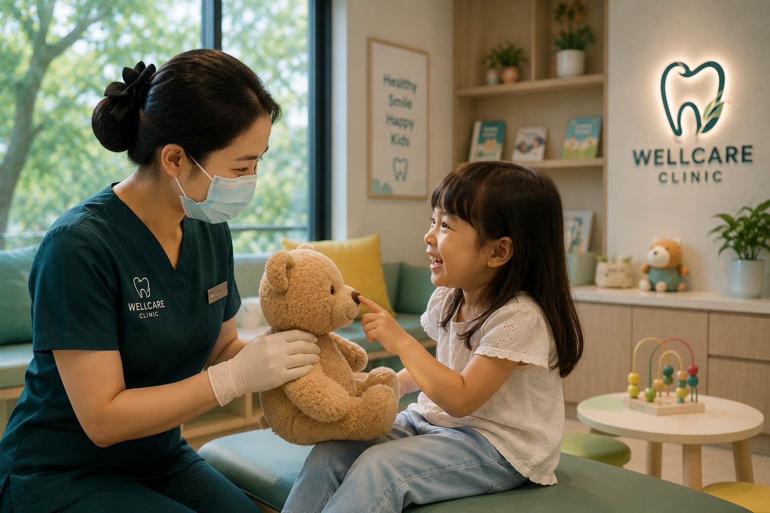 Nurse interacting gently with a child in a pediatric-style room