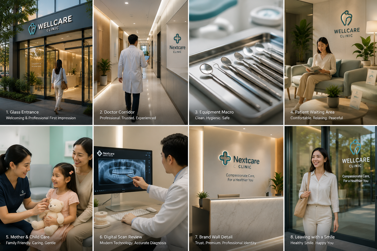 Wellcare multi-panel concept collage showing broad clinic services and brand story